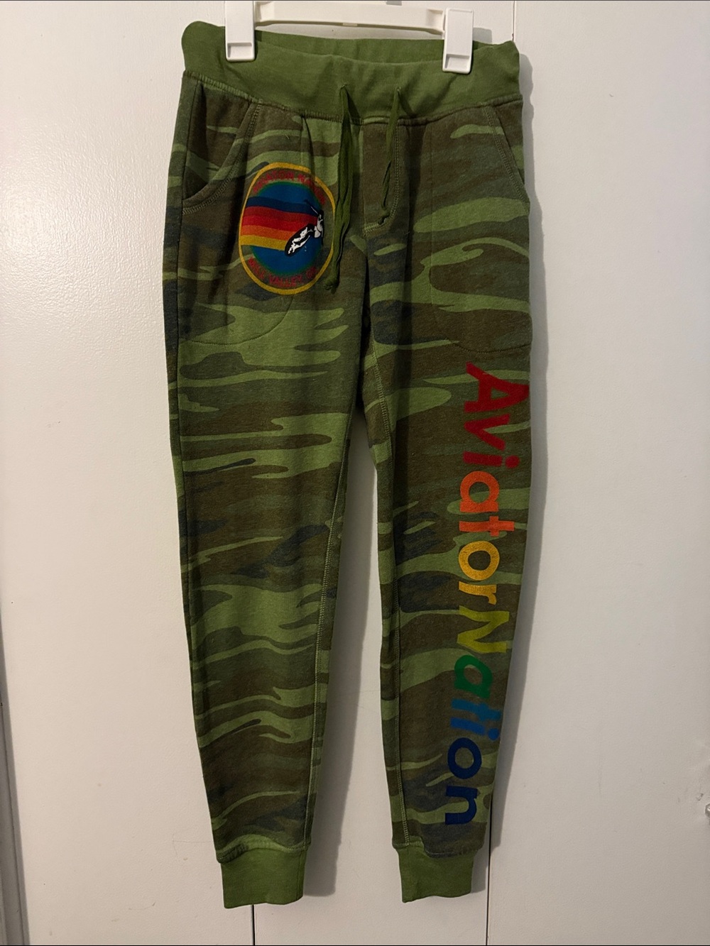 RARE Aviator Nation Olive Camo Joggers with Rainbow Logo and pockets!!